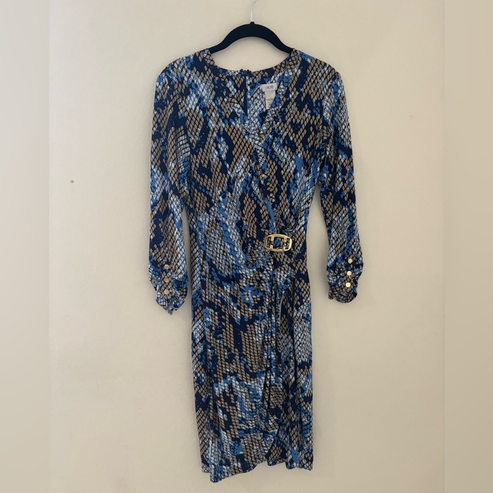 Cache Blue, Brown & White Geometric Long Sleeve Dress